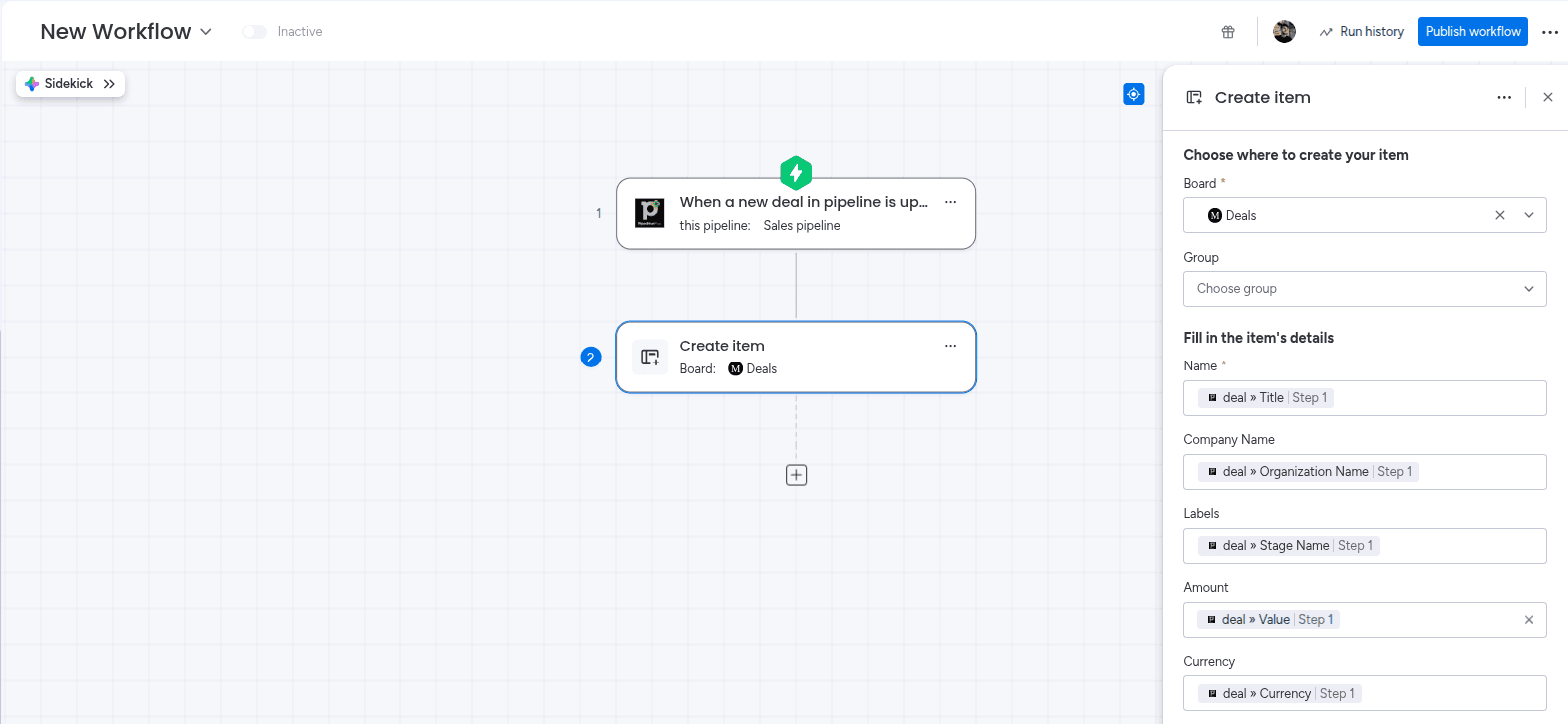 Populating the item fields with values from the trigger in the PipedrivePlus app
