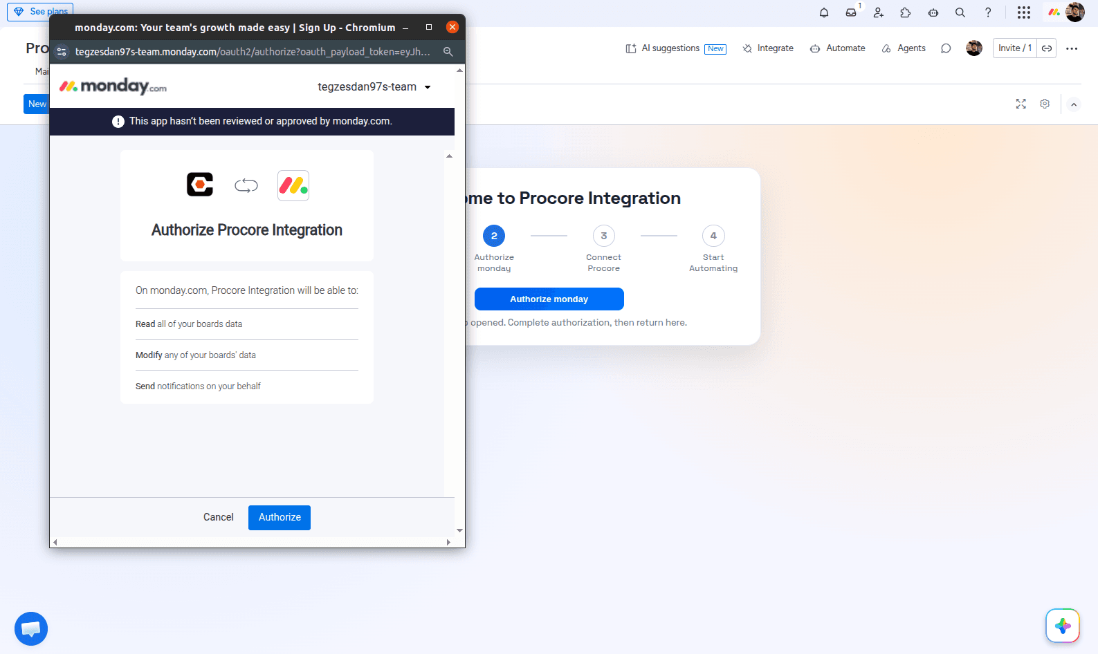 Confirming access in the monday.com authorization pop-up