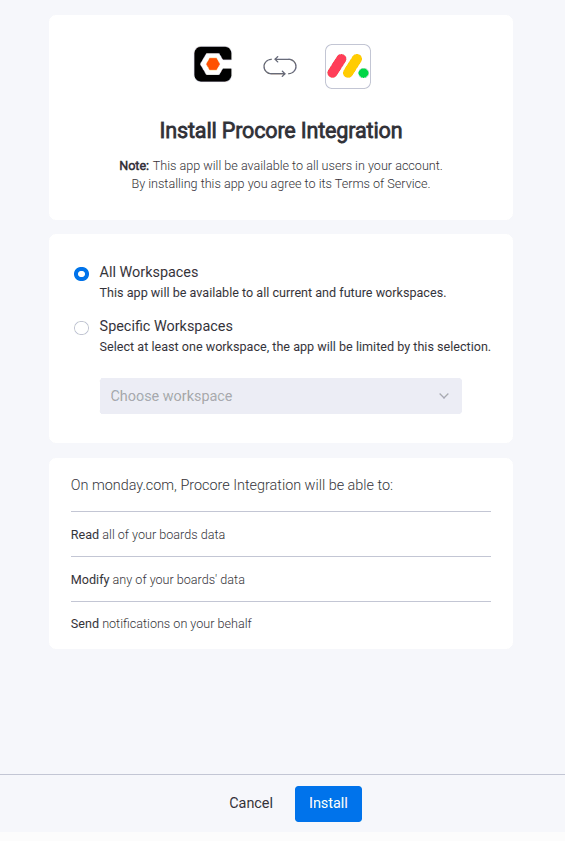 Install the Procore Integration app from the monday.com marketplace