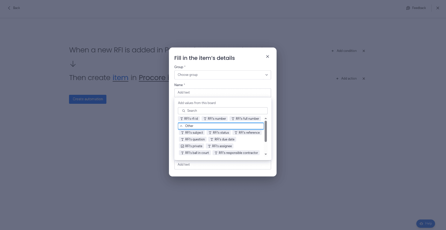 Setting up the fields with the desired mapping in the Procore automation