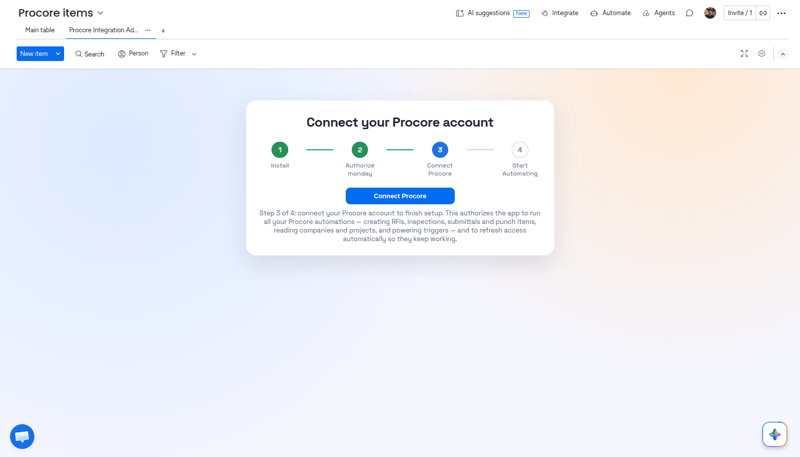 Authorize Procore in the Admin UI of the Procore Integration app