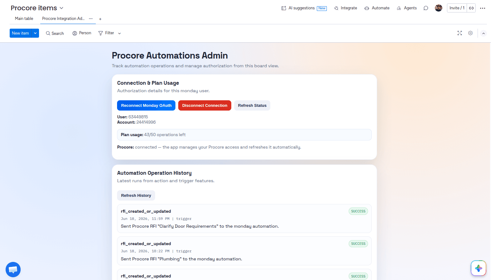 The Procore Integration admin page showing connections, plan usage, and automation history