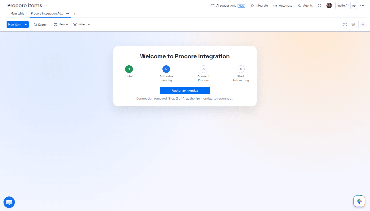 Authorize monday.com in the Admin UI of the Procore Integration app