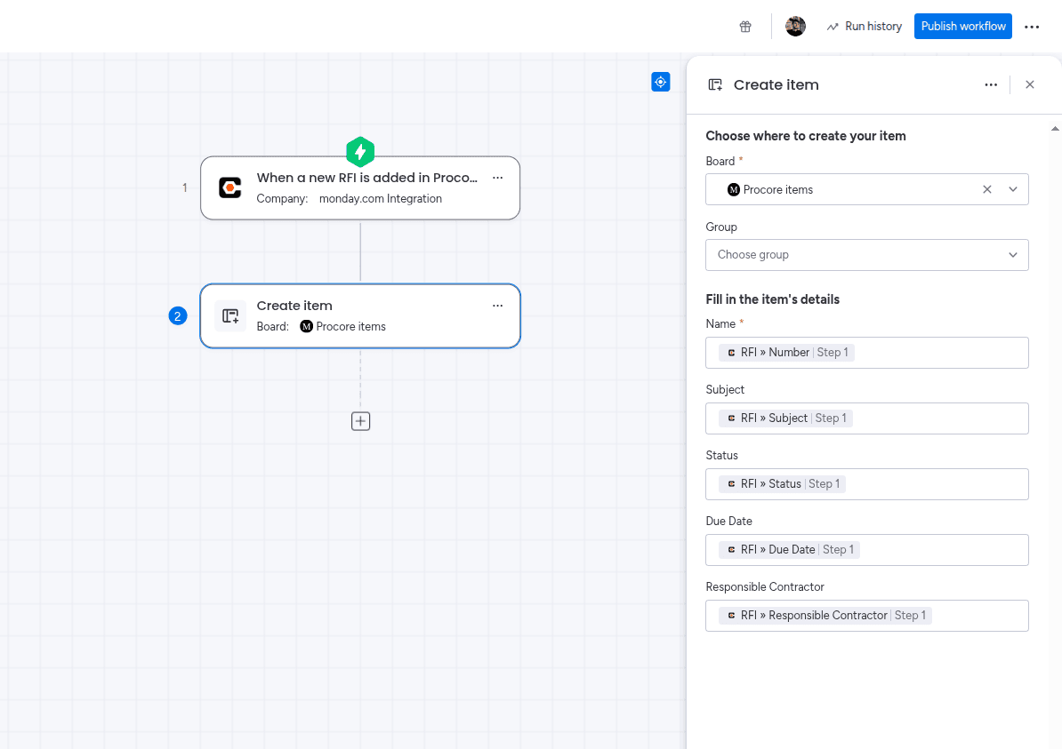Populating the item fields with values from the trigger in the Procore app